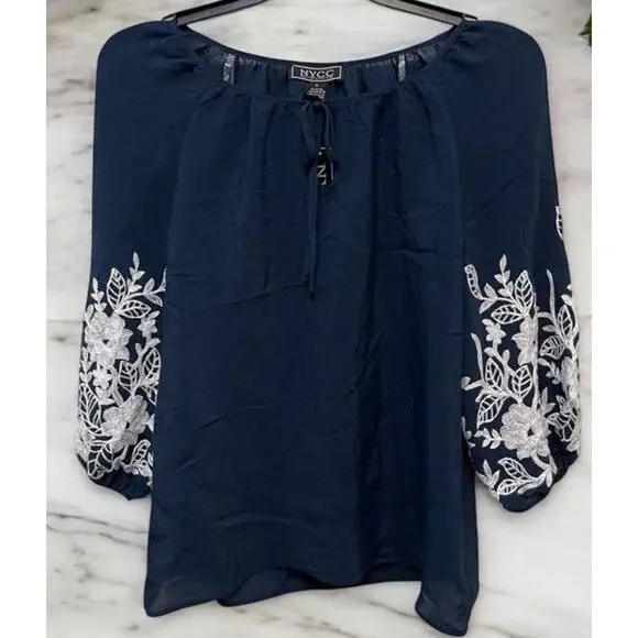 New York Clothing Co. Blue Womens Embroidered Mid-Sleeve Blouse Top Sz Small NEW - Picture 2 of 6
